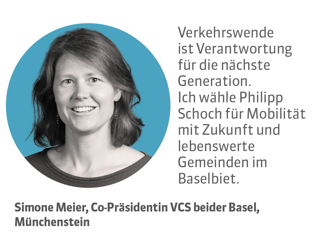Simone Meier, Co-Präsidentin VCS beider Basel, Münchenstein. Testimonial: Verkehrswende ist Verantwortung für die nächste Generation. Ich wähle Philipp Schoch für Mobilität mit Zukunft und lebenswerte Gemeinden im Baselbiet.